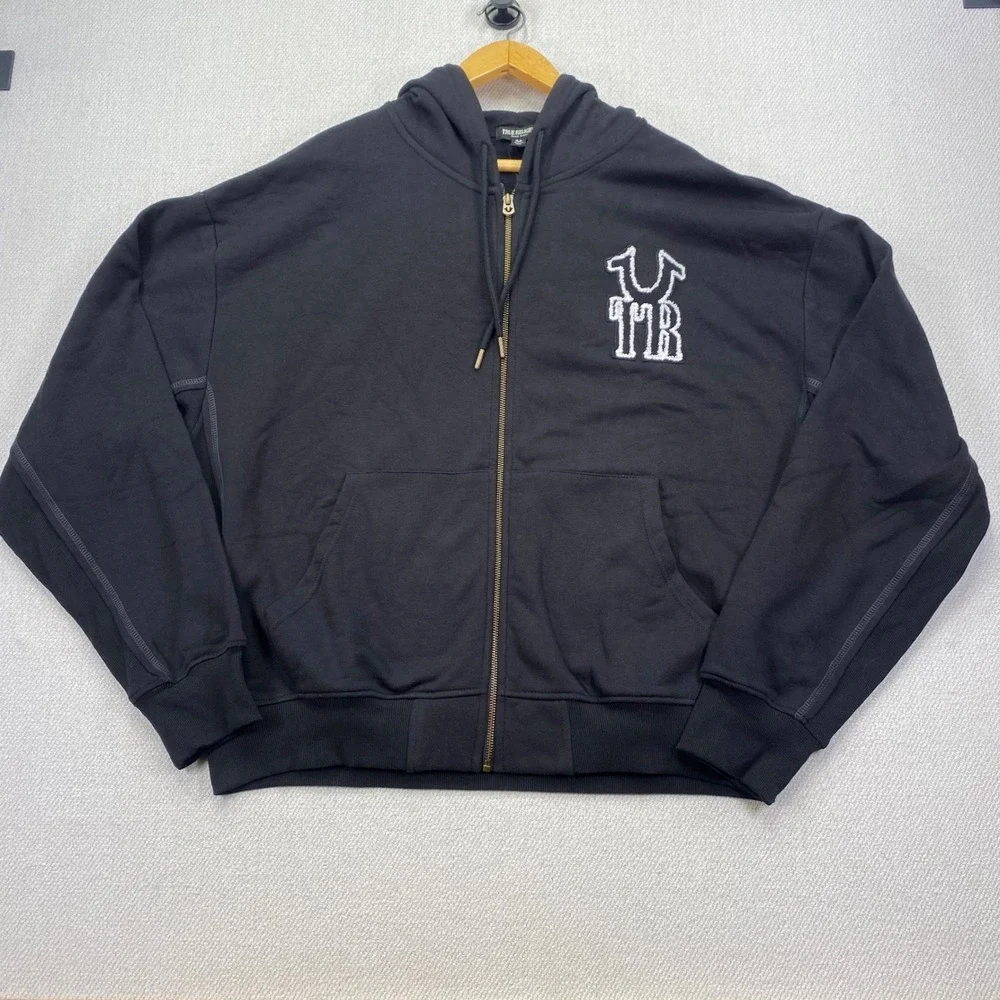 True Religion Rib Stitch Dept Boxy Zip Up Mens XL Jet Black Contrast Hoodie New